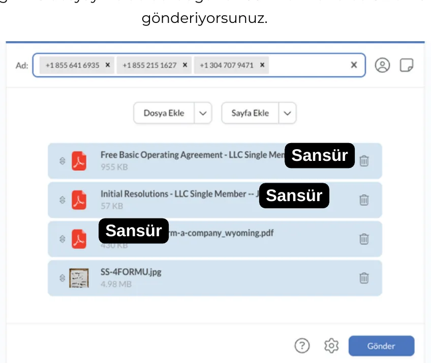 Gönderim ekranı: 3 IRS numarası ve 4 belge