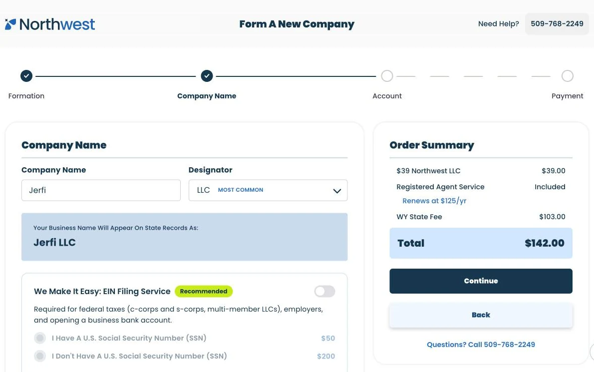 Company Name ekranı: şirket ismi (örnek: Jerfi) ve EIN hizmeti kapalı