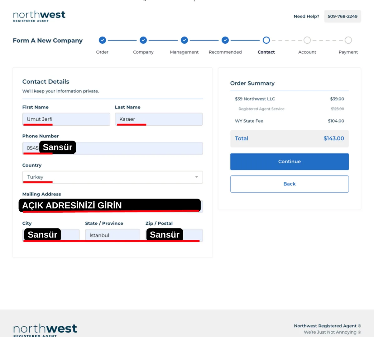 Contact ekranı: ikamet adresi (kişisel bilgiler sansürlü)