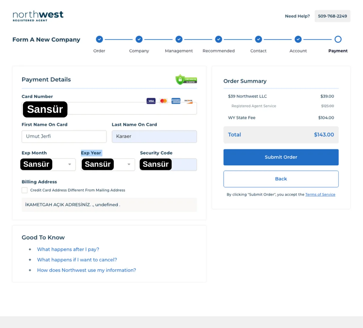 Payment ekranı: kart bilgileri (sansürlü) ve sipariş özeti