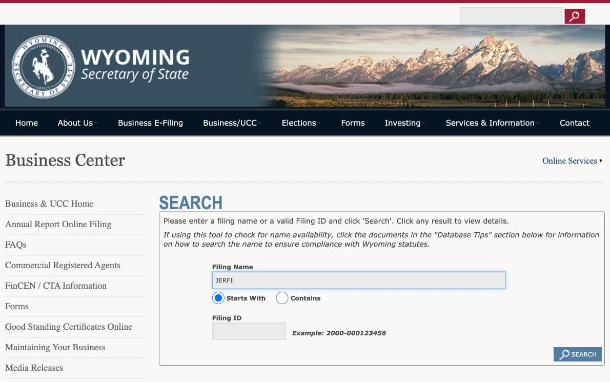 Wyoming şirket arama ekranı: ismi "Filing Name" alanına yazıp aratıyorsun